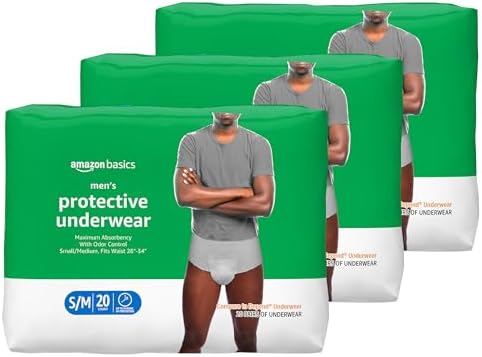 Amazon Basics Men's Protective Underwear, Maximum Absorbency, Small/Medium, 60 Count, (3 Packs of 20)