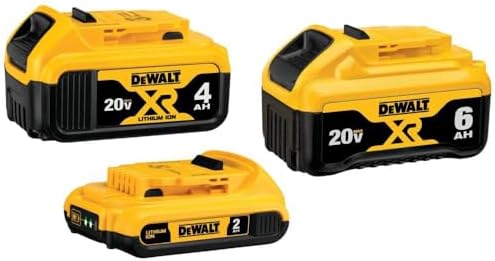 Dewalt 20V MAX XR Premium Lithium-Ion 6.0Ah Battery, 20V MAX XR 4.0Ah Battery, and 20V MAX 2.0Ah Battery