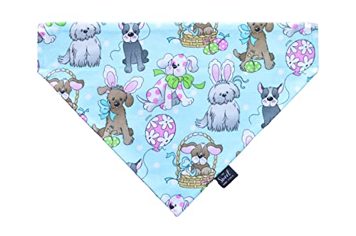 Easter over the collar dog bandana, handmade pastel color spring slip on pet bandana (Easter Dogs on Blue, Medium)
