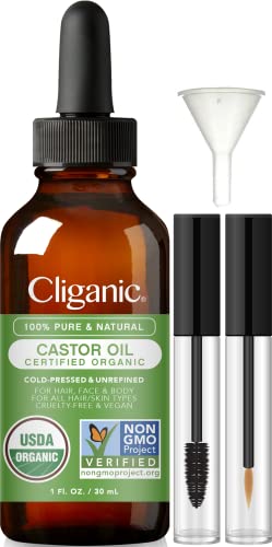 Cliganic Organic Castor Oil, 100% Pure (1oz with Eyelash Kit) - For Eyelashes, Eyebrows, Hair & Skin