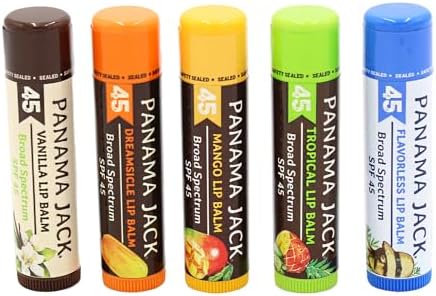 Panama Jack Sunscreen Lip Balm - SPF 45, Flavor Pack, Broad Spectrum UVA-UVB Sunscreen Protection, Prevents & Soothes Dry, Chapped Lips (5 Pack)