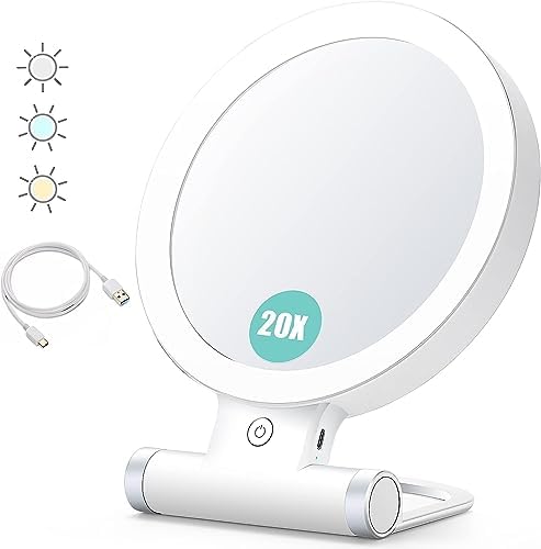 B Beauty Planet Magnifying Mirror with Light 20X/1X,Double Sided Tabletop Mirror with Adjustable Folding Handle,Cosmetic Mirror for Makeup/Travel, Tweezing, and Blackhead/Blemish Removal