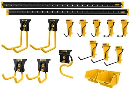 DEWALT Tool Organizer, 21 Piece Accessory Starter Kit, Includes 2 Metal Rails, 13 Hooks, and 2 Plastic Bins, DEWALT Workshop Storage System Compatible (DWST82801)