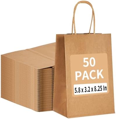 RACETOP 50 Pack Kraft Small Paper Bags with Handles Bulk, 5.8"x3.2"x8.25" Brown Gift Bags for Retail, Shopping, Birthday Parties, Mini Bags for Business, Goodies