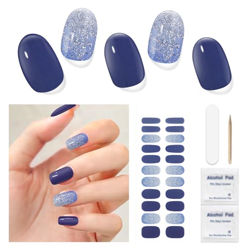 Gel Nail Strips for Women(No UV Light Needed), 22Pcs Purple Silver Glitter Gel Nail Stickers Kit, Gel Nail Wraps Fit for Home Travel Party Wedding, Includes Prep Pads, Nail File & Wood Stick