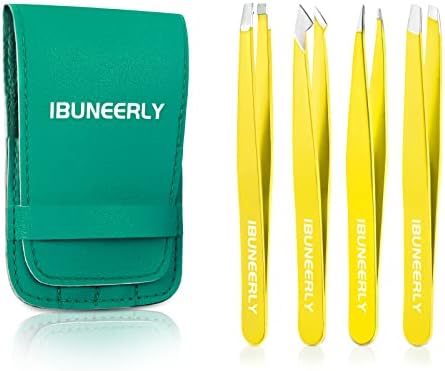 Tweezers Set, 4Pcs Tweezers for Women with Travel Case, Professional Stainless Steel Eyebrows Tweezers, Great Precision Tweezers for Ingrown Hair, Facial Hair, Splinter Removal (Yellow)