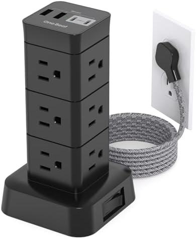 6 Feet Surge Protector Power Strip Tower, 12 Outlets 4 USB (2 USB C) Desktop Charging Station for Multiple Devices, Flat Plug Extension Cord with Multiple Outlets for Home Office Dorm, Black
