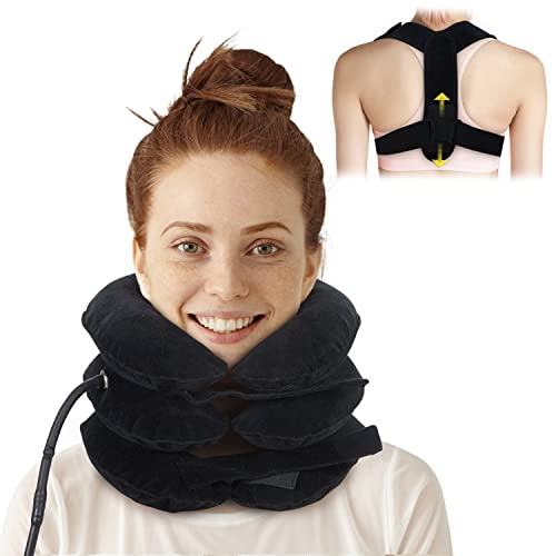 Cervical Neck Traction Device & Posture Corrector for Women and Men, FSA HSA Eligible Inflatable Neck Stretcher Brace for Decompression, Adjustable Upper Back Brace & Elastic Support (Carbon Black)