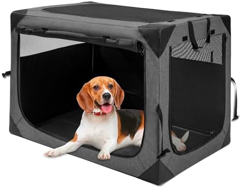 Dog Crates - 36 Inch Collapsible Soft Dog Crate, 3-Door Foldable Soft Kennel for Large Dogs, Portable Pet Travel Cage with Chew Proof Mesh Window for Indoors & Outdoors（Dark Gray）