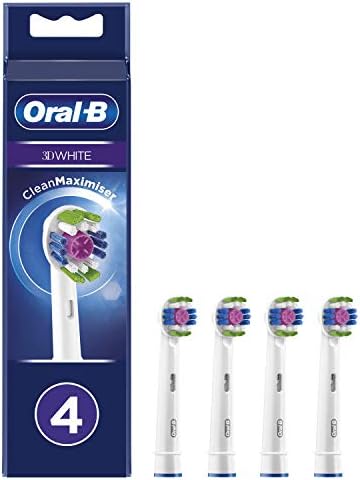 Oral-B 3D White Electric Toothbrush Head with CleanMaximiser Technology, Angled Bristles for Deeper Plaque Removal, Pack of 4, White