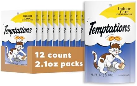 Temptations Indoor Care Crunchy and Soft Cat Treats, Chicken Flavor, 2.1 oz. Pouch (Pack of 12)