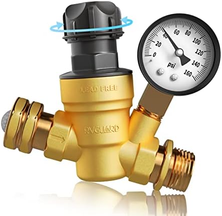 RVGUARD RV Water Pressure Regulator Valve With An Adjustable Knob, NO Tool Required, Brass Lead-Free Water Pressure Reducer with Gauge and Inlet Screen Filter for RV Camper Travel Trailer