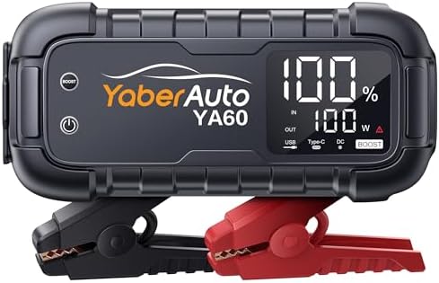 YaberAuto Car Battery Jump Starter 8000A Jump Box 65W Fast Charging (All Gas/12.0L Diesel) Portable Car Jump Starter Battery Pack, Car Battery Jumper with Extended Jumper Cables, 600 Lumens Light