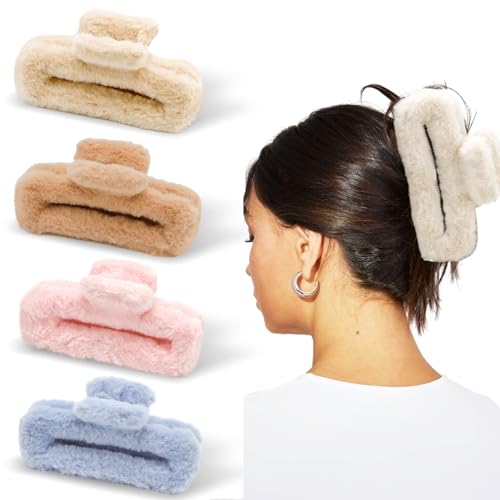 Ahoney 5 Inch Fuzzy Hair Claw Clips Extra Large Claw Clips Big Hair Clips for Thick Long Hair, Strong Hold Non-slip Jumbo Jaw Clips, Hair Accessories for Women (Warm)