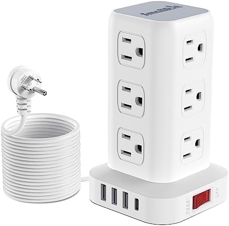 16.5FT Long Extension Cord,Power Strip Tower Surge Protector Power Strip with USB 12 Outlets with 4 USB Ports (1 USB C), Flat Plug Multi Plug Outlet Extender Overload Protection for Home Office