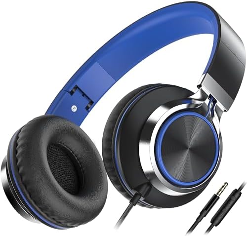 AILIHEN C8 Headphones Wired, On-Ear Headphones with Microphone and Volume Control Foldable Corded Stereo 3.5mm Headset for Smartphones Chromebook Laptop Computer PC Tablets Travel(Black/Blue)