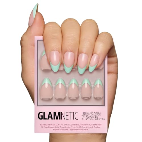 Glamnetic Press On Nails - Pistachio Crème | Short Almond Mint Blue French Tips with a Glossy Finish, Fake Nails, Reusable | 15 Sizes - 30 Nail Kit with Glue