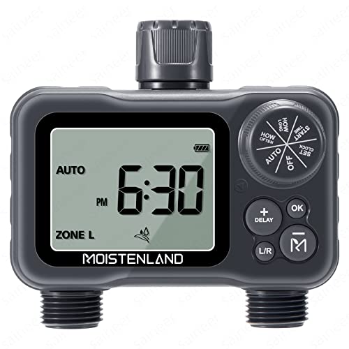 Moistenland Hose Timer, Irrigation Timer, Lawn & Garden Watering Equipment, with Rain Delay/Manual/Automatic Watering System, IP54 Waterproof, 3.1 Inches Large Screen(2 Outlets)