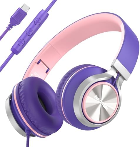 Girls/Kids USB C(Type C) Wired Headphones with Mic & Volume Control,Tangle-Free Plaiting Line,Over/On-Ear Headphones,Lightweight Foldable for Smartphone,Tablet,Iphone 16/15 series（Pink-purple）
