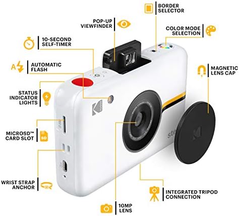 Zink Kodak Step Instant Camera with 10MP Image Sensor, Zink Zero Ink Technology (White) Bundle: Photo Album, Case, 20 Pack Zink Paper, Markers, Stickers.