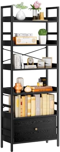 Pipishell Bookshelf, 6-Tier Bookcase with Storage Drawer, Tall Bookshelf Storage Rack with Metal Frame & Wood Grain Finish, Industrial Bookshelf for Living Room, Bedroom, and Home Office, PIBS02B