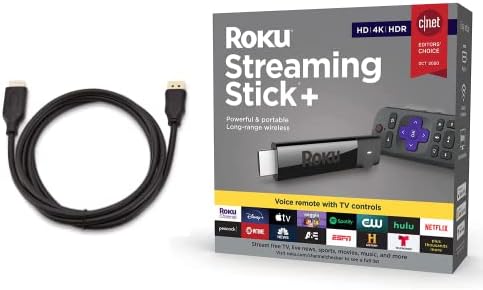 Roku Streaming Stick+ Streaming Device with Long-Range Wireless and Roku Voice Remote with TV Controls HD/4K/HDR & Bundle Swanky Cables HDMI Cable (Roku Streaming Stick), 3810-R
