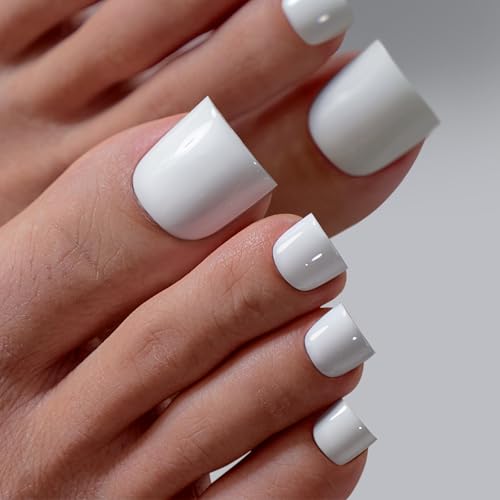 BTArtbox Press On Toenails - Real Square Opaque White Toe Nail Press Ons with Glue for Women, Fake Toe Nail Tips in 15 Sizes - 30 Toenails Kit, Ivory White
