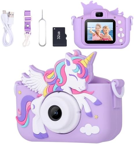 Unicorn Toys Camera for Kids Girls Age 3-8, Toddler Kids Digital Camera Christmas Birthday Gifts for 3 4 5 6 7 8 Years Old Girl, Cute Selfie Video Camera, HD 1080P, 32GB SD Card, Purple
