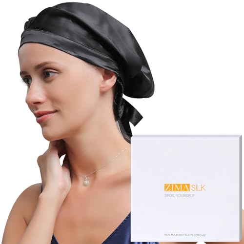 ZIMASILK 100% 22 Momme Mulberry Silk Bonnet for Sleeping, Double-Layer Silk, Natural Silk Hair Wrap for Hair Care with Elastic & Tie Band Stay On Head (1Pc, Black)
