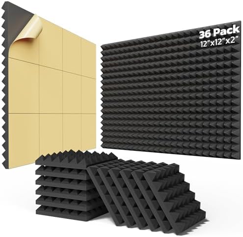 36 Pack Sound Proof Foam Panels for Walls with Self Adhesive, 2" X 12" X 12" High Density Acoustic Panels Sound Absorbing, Pyramid Design Soundproof Wall Panels for Studio and Home - Black