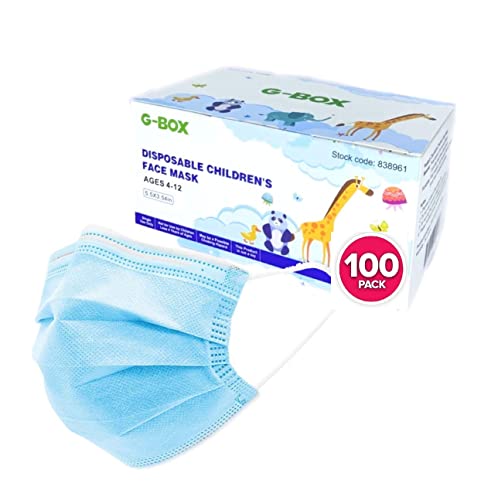 Kids Face Masks, Children's Face Masks Disposable, 3-Layer, Cute Cartoon Patterns (100 pcs) (Plain Blue)