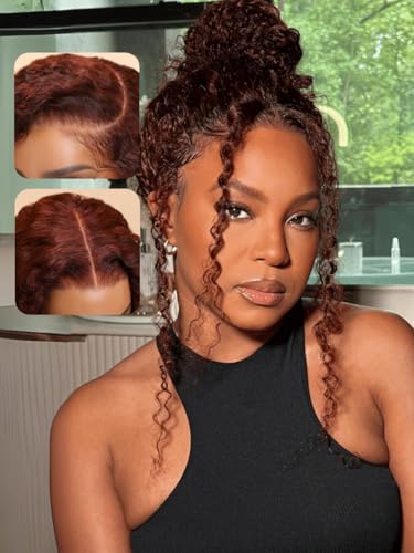 UNICE Bye Bye Knots Glueless Wig 7x5 Pre Cut Lace Front Wigs Human Hair Reddish Brown Deep Curly Invisible Knots Pre Everything Put on and Go Human Hair Wig Pre Plucked 150% Density 16inch