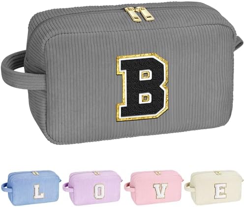 YOOLIFE Daughter Gifts Initial Makeup Bag - Cosmetic Bag Makeup Bag Makeup Pouch Make Up Bag Makeup Bags for Women Corduroy Makeup Bag Cute Makeup Bag Personalized Gifts for Women Her Gray Letter B