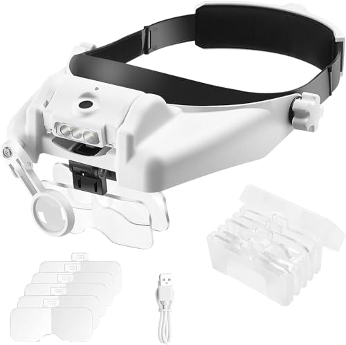 Elikliv Headband Magnifying Glass with Light 1X to 14X, Rechargeable Handsfree Head Mount Magnifier, 6 Detachable Lens Visor Loupe Tool for Close Work Reading Jewelry Craft Repair Cross Stitch