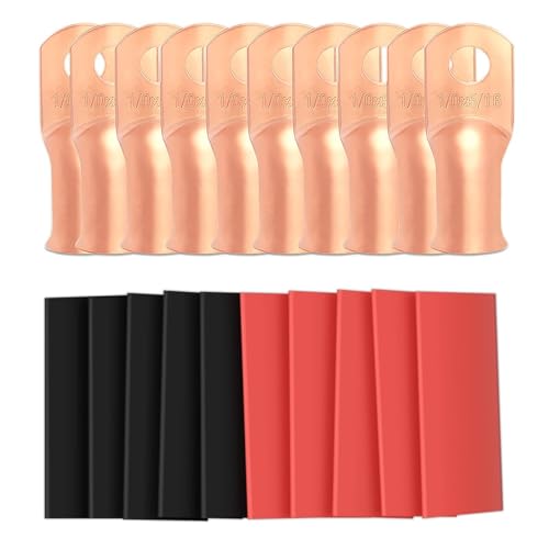 Sanuke Wire Lugs Ring Terminal Connectors 10 Pack-1/0Guage (AWG) - 5/16" Ends, UL Listed Heavy Duty for Battery Cable Lug Wire Electrical Eyelets with 3:1 Dual Wall Adhesive Heat Shrink