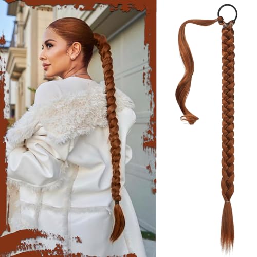 SOFEIYAN Long Braid Ponytail Extension with Hair Tie Straight Sleek Wrap Around Hair Extensions Braid Pony Tail Fluffy Natural Soft Synthetic Hairpieces for Women Daily Wear, 30 inch-Copper Red