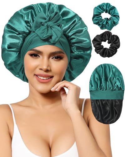 Satin Bonnet Silk Bonnet for Sleeping Women Hair Bonnet for Curly Hair Sleeping Cap Reversible Double Layer Sleep Bonnet with Tie Band Satin Hair Wrap (Black Green Bonnet + Satin Scrunchies)