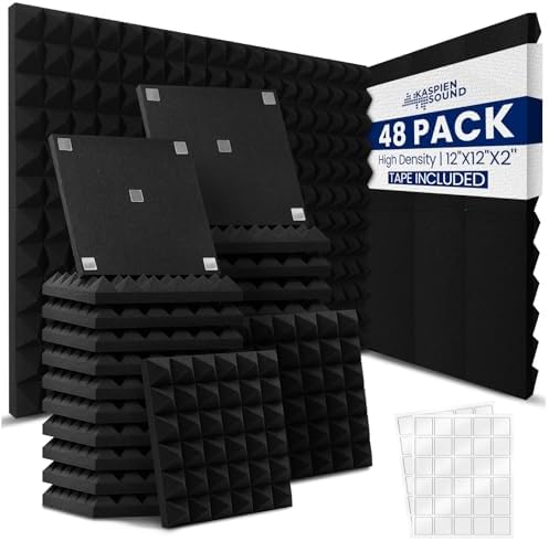 | 48 Pack | High Density Acoustic Foam Wall Panels | Pyramid Shape | Double Sided Adhesive Tape | Sound Absorbing Acoustic Panels | Sound Proof Foam Panels For Walls | 12x12x2inch