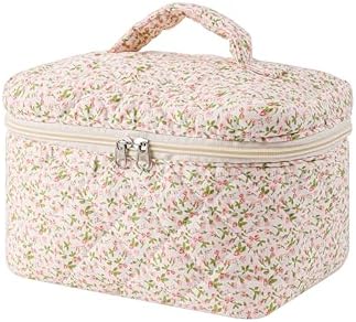 uekeboag Large Travel Quilted Makeup Bag for Women, Floral Cotton Cosmetic Bag, Coquette Aesthetic Floral Toiletry Organizer Bag