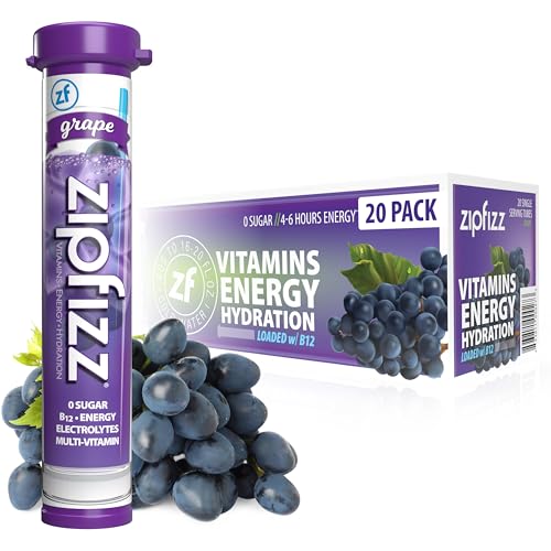 Zipfizz Daily Energy Drink Powder, Grape, 20 Pack | 3-in-1 Sustained Energy, Rapid Hydration, and Essential Vitamins | Sugar-Free | Electrolyte Powder | Contains Vitamin B-12 & Antioxidants