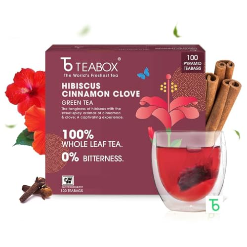 Teabox Organic Hibiscus Cinnamon Clove Green Tea Bags 100 pcs | 100% Natural Hibiscus, Cinnamon & Clove