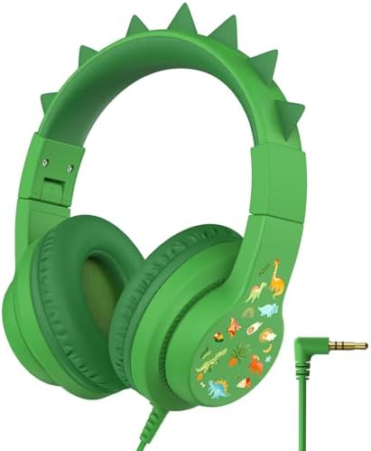 iClever Kids Headphones for School Travel, Safe Volume 85dBA, Stereo Sound Over-Ear Headphones for Kid, Foldable 3.5mm Wired Dinosaur Headphones for iPad Computer, HS19S