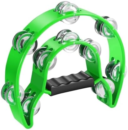 Flexzion Tambourine Metal Half Moon Musical Instruments Double Row Metal Jingles Hand Held Instruments Percussion with Ergonomic Handle Grip, Tambourines for Adults Church, Green