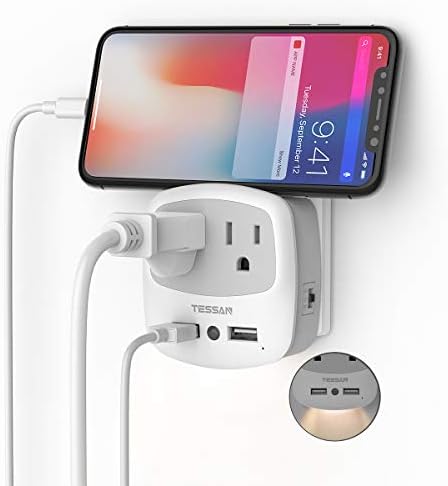 TESSAN Double Power Outlet Expander with Dual USB Wall Charger and Night Light Adapter for Travel, Cruise Essentials, Mini Phone Charger with Multiple Outlet Splitter