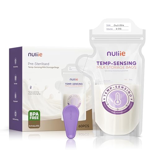 Nuliie 60pcs Temp-Sensing Breastmilk Storage Bag, Huge Temp-Sensing Icon & Locking Clamp, 6oz Breast Milk Storage Bags Freezer Pour Spout, Self Standing Milk Storage Bags Breastmilk, BPA-Free No-Leak