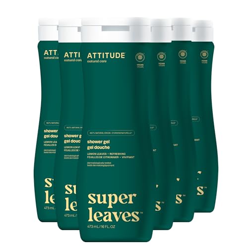 ATTITUDE Body Wash, EWG Verified Shower Gel, Dermatologically Tested, Plant and Mineral-Based, Vegan Personal Care Products, Lemon Leaves, 16 Fl Oz (Pack of 6)