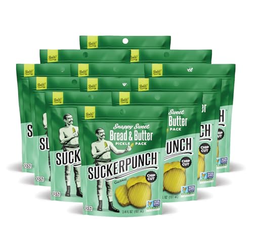 SuckerPunch Snappy Sweet Bread N’ Butter Dill Pickles Chip-Cut, Gluten Free, Kosher, Sugar Free, Low Calorie, Low Carb, on the Go, Non GMO, Keto Friendly, Vegan, 3.4 Oz Single Serve Pouch (12 Pack)