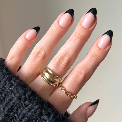 Glamnetic Press On Nails - Caviar | Semi-Transparent, Short Almond Nails, Reusable | 15 Sizes - 30 Nail Kit with Glue