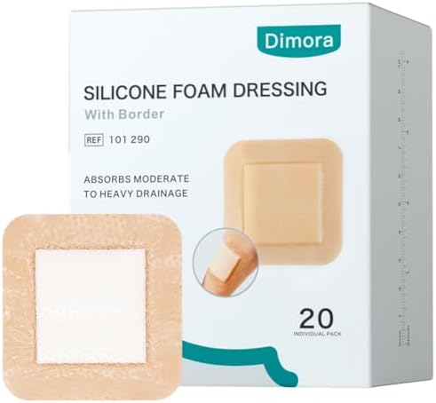 Dimora Silicone Foam Dressing 3x3 inch with Border, Wound Bandage, Gentle Adhesive Waterproof Pads for Sensitive Skin Wound Care 7.5x7.5 cm 20 Pack