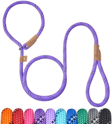 5 FT Slip Lead Dog Leash, Heavy Duty Rope Leash for Small Medium Large Dogs, No Pull Training Lead with Reflective Thread, Strong Comfortable Loop Leash (Purple Stripe, Large(1/2"))
